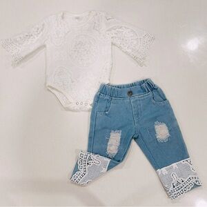 Gently used 2-piece set: toddler’s crochet white shirt & denim jeans